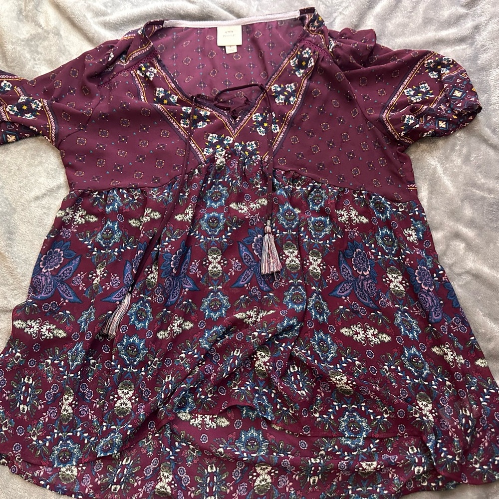 Knox Rose Burgundy and Navy Floral Blouse